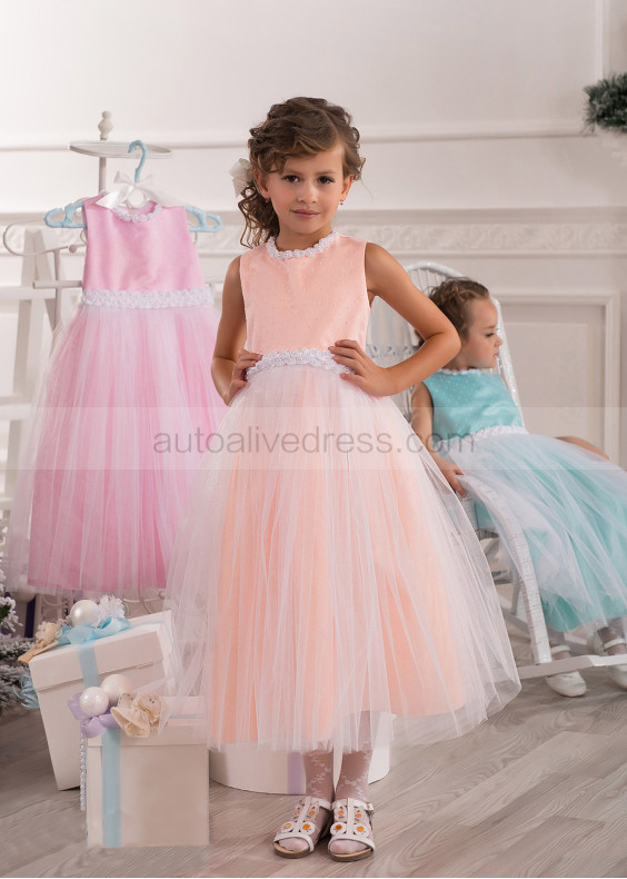 Beaded Satin Polka Dots Tulle Tea Length Flower Girl Dress